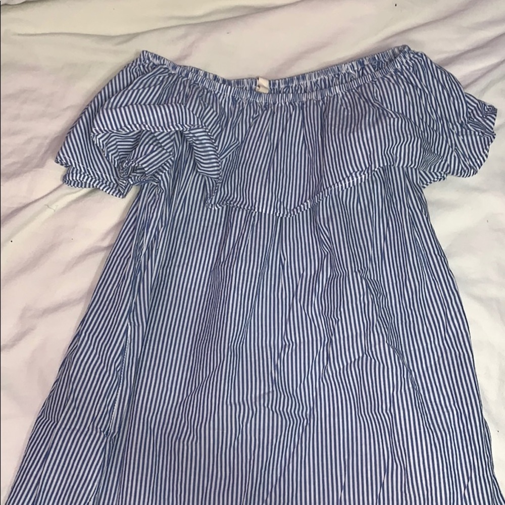 blue and white striped off the shoulder dress